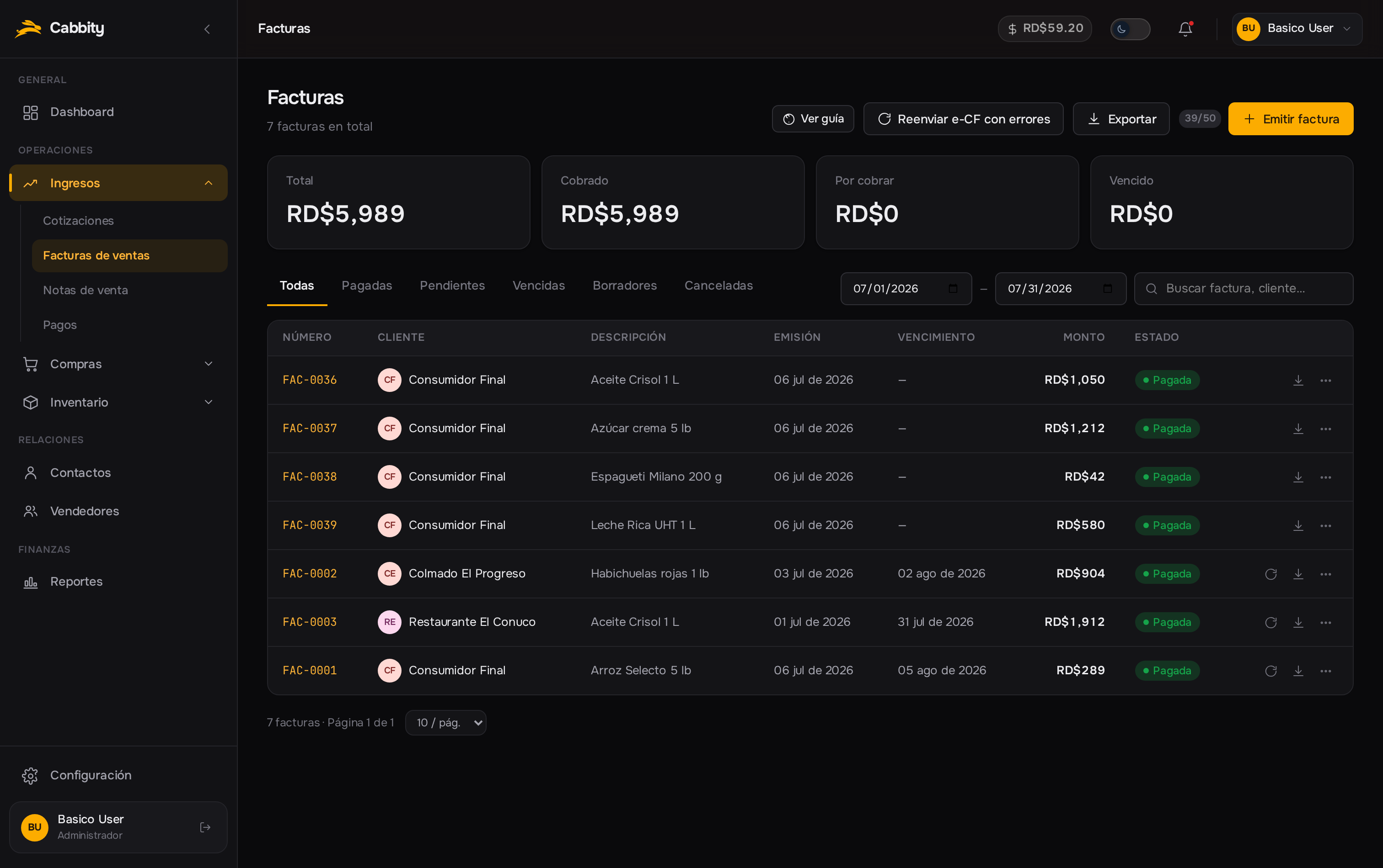 Pantalla real de facturas de ventas de Cabbity con clientes, montos y estados de cobro.